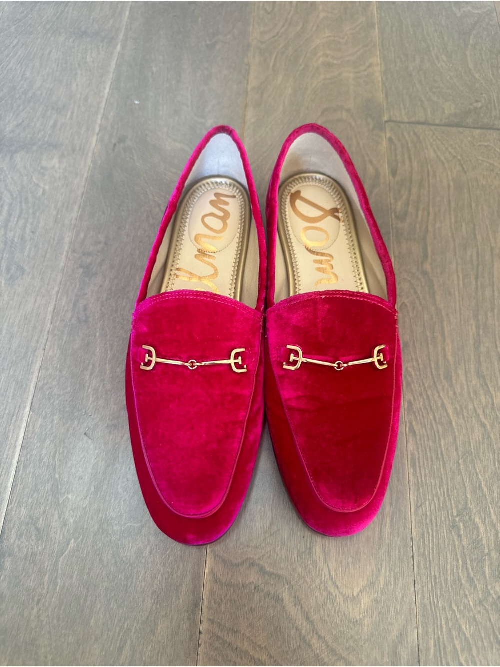 Sam Edelman Women's Velvet Loafers in Fuchsia with Gold Bit